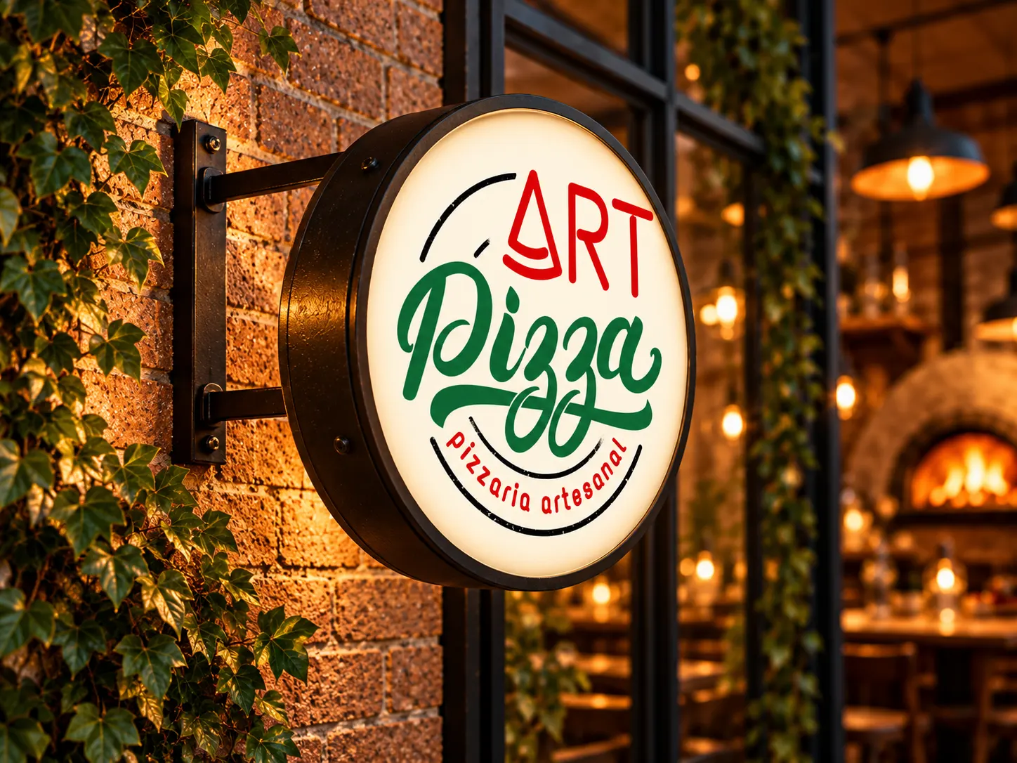 Identidade Art Pizza aplicada num letreiro exterior
